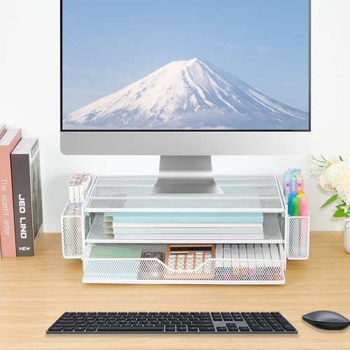 AUPSEN Computer Monitor Stands Riser，2-Tier Desk Organizers and Accessories, Office Desk Accessories Organizer with Drawers and 2 Pen Holder for Office Supplies (White) - Image 5