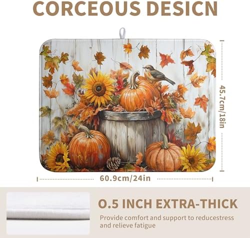 Fall Dish Drying Mat for Kitchen Counter Pumpkin Sunflower Maple Leaf Birds Drying Mats Autumn Thanksgiving Harvest Dish Drainer Mat Absorbent Microfiber Dishes Pad Large 18x24 Inch - Image 2