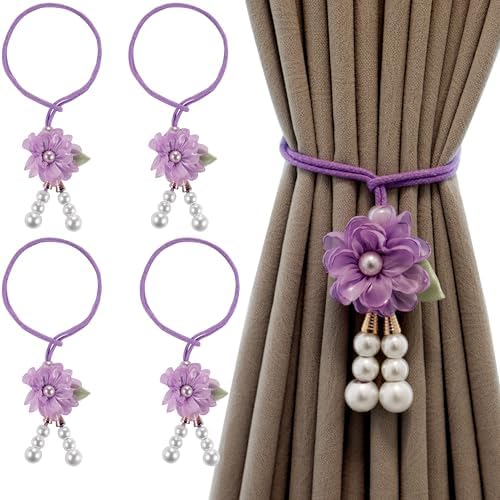 Adjustable Curtain Tiebacks， 4-Pack Hand-Woven Rope with Silk Flower & Pearl， Decorative Window Cord Holders for Drapery， Long Loop Design for All Curtain Thickness (Purple) by TAMHOO
