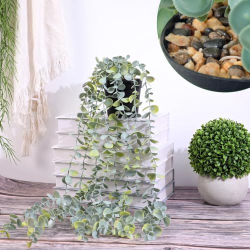 LOYWREE 2 Pack Fake Hanging Plants Artificial Eucalyptus Small Potted Long Vine Plant for Indoor and Outdoor Shelves, Walls, Rooms, Homes, Offices, and Gardens Decor (Black Pot) - Image 3