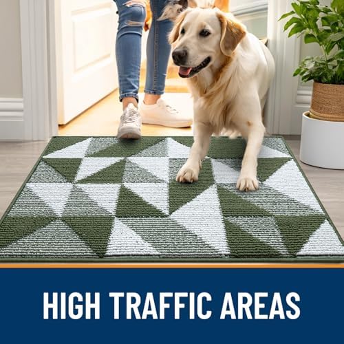 OLANLY Door Mat Indoor Entrance Washable 32x20, Odor-Free Low-Profile Front Back Geometric Doormat, Absorbent Resist Dirt Entry Carpet, Easy to Clean Sturdy Inside Floor Mats for Entryway, Green - Image 5