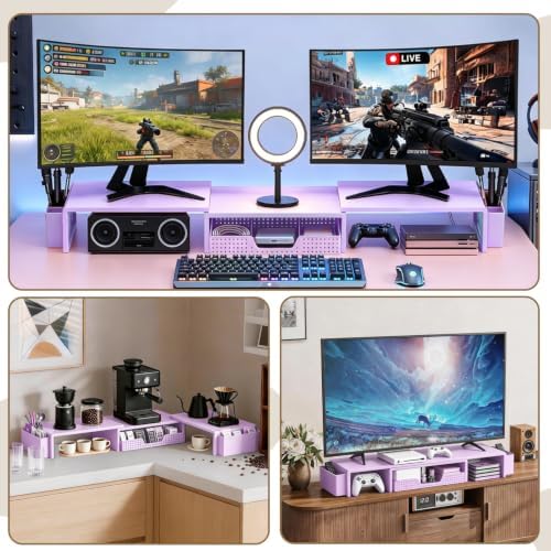 LEKETREE Dual Monitor Stand Riser with Drawer and 2 Pen Holders, Purple - Image 4