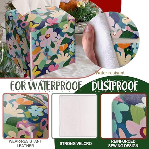Modern Square Leather Tissue Box Cover/Case Holder Gifts for Women Family and Friends, Decorative Holder/Organizer for Bathroom Kitchen Nightstand Office Home (Colourful Floral) - Image 3
