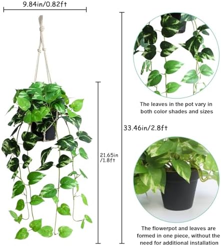 alyptus Fake Pothos Hanging Plants - Artificial Hanging Plant with Pot Realistic Faux Pothos Vines for Indoor Décor, Lush Greenery for Balcony Patio Office, Bathroom - Golden Green - Image 2