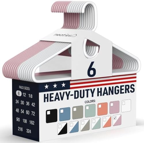 Heavy Duty Clothes Hangers 6 Pack – Made in the USA – 8lb Capacity Plastic Hangers for Adult Clothing – Durable for Pants, Coats, Jackets, or Jeans – White & Pink by NeatiesHangers