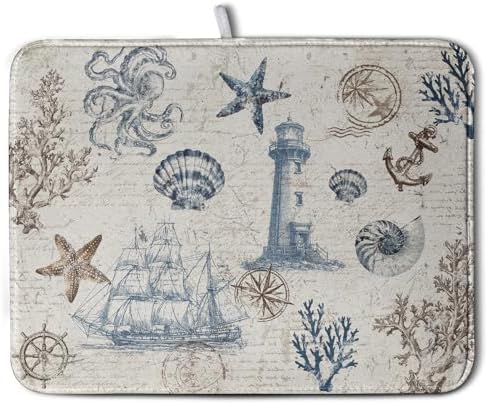 Nautical Coastal Dish Drying Mat for Kitchen Counter Summer Ocean Sailboat Starfish Seashell Absorbent Microfiber Dish Mat Reusable Washable Dish Drainer Rack Mat 18x24 Inch by Kwlegh