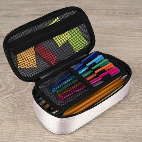 Five Star Pencil Pouch Zipper High-Capacity Storage Organizer Case for Office Supplies Earbuds Chargers Cables Makeup, Tan/Blue (500212A) - Image 3