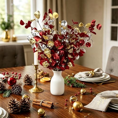 6Pcs Artificial Christmas Eucalyptus Stems 27.55 Inch Red Gold Silver Silk Faux Leaves Flexible Branches for Vase Table Centerpiece Xmas Home Wedding Decor - Image 6