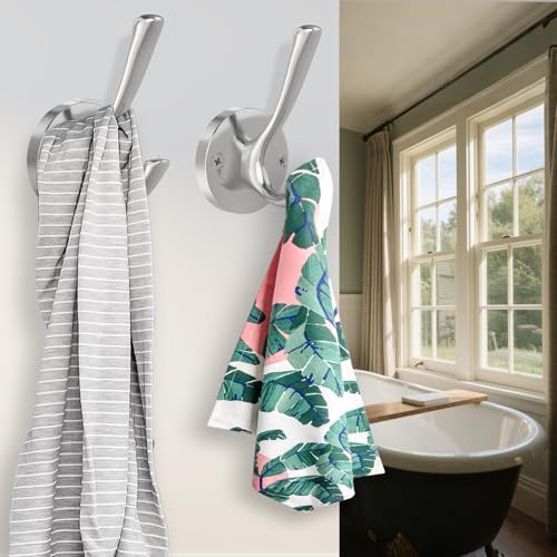 TOFIIGREM Brushed Nickel Wall Hooks, 4 Pack Heavy Duty Coat Towel Hook Metal Double Hook Wall Mounted Hanging, Bath Towel Hooks for Entryway Cubicle Bathroom Closet Garage - Image 3