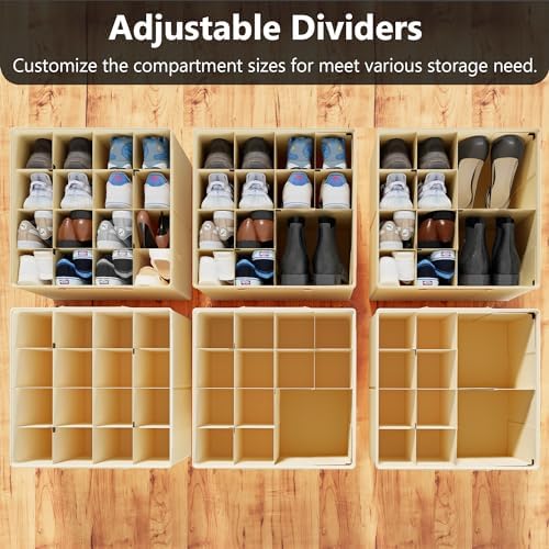 SUOCO 2 Pack Shoe Organizer for Closet, Fits up to 32 Pairs, Small Space Shoe Storage Boxes Bins Containers w/Adjustable Dividers and Clear Top, Black, Beige - Image 2
