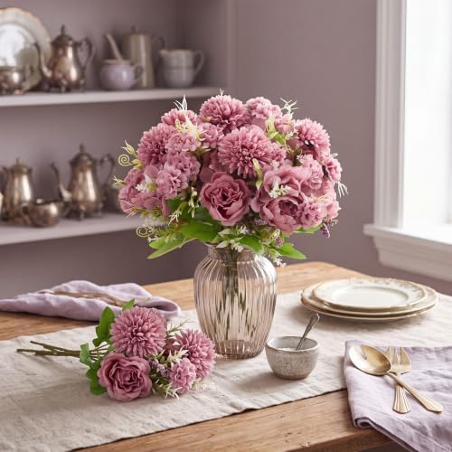 Tigeen 12 Bundles Artificial Flowers Bouquet Silk Peonies, Dusty Purple - Image 3