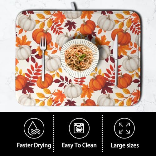 Fall Dish Drying Mat for Kitchen Counter Autumn Orange White Pumpkin Maple Leaves Dishes Drying Pad Thanksgiving Absorbent Microfiber Dish Drainer Rack Mat Holiday Dish Mat 16x18 Inch - Image 4