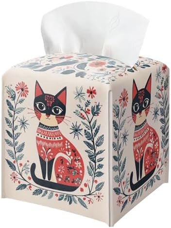 Cat Tissue Box Holder, Nordic Cat Leather Tissue Box Cover Square, Paper Napkins Everyday Dispenser Accessories for Bathroom Vanity Countertop Night Stands Kitchen Office Car Home Decor by BGFMVS