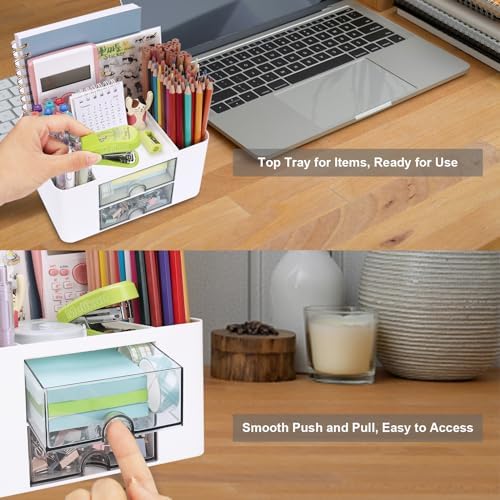 Meiikun Plastic Pen Organizer, Multifunctional Desk Organizer with 2 Drawers, 4 Compartments & a Top Tray, Pencil Holder Desktop Organizers and Accessories for Office, 7.7" x 5.5" x 3.9" (White) - Image 6