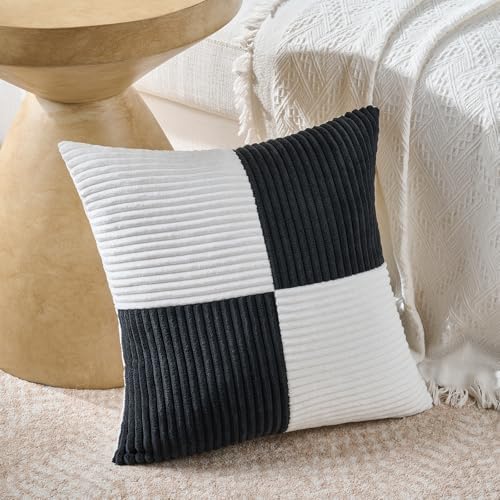 Fancy Homi Set of 2 Black White Big Decorative Throw Pillow Covers 24x24 Inch for Couch Bed Sofa, Modern Farmhouse Boho Home Decor, Soft Cross Corduroy Patchwork Accent Square Cushion Case 60x60 cm - Image 2