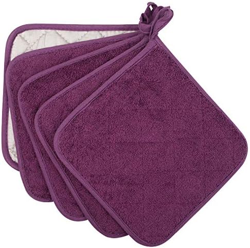 100% Cotton Kitchen Everyday Basic Terry Pot Holder Heat Resistant Coaster Potholder for Cooking and Baking Set of 5 Grape - Image 2