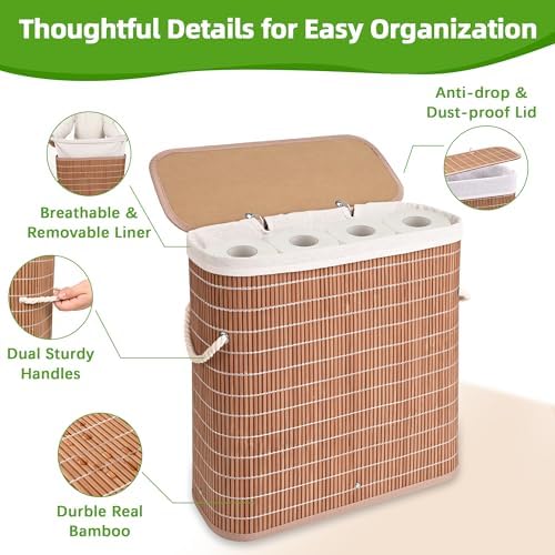 Livole Hand-Woven Bamboo Toilet Paper Storage with Lid & Handle, Brown - Image 5