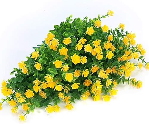6 Bundles Outdoor Artificial Flowers UV Resistant Fake Boxwood Plants, Faux Plastic Greenery for Indoor Outside Hanging Plants Garden Porch Window Box Home Wedding Farmhouse Decor (Yellow) - Image 4