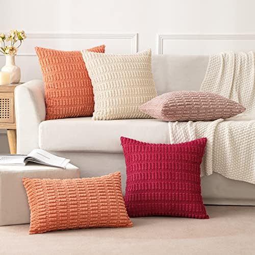 MIULEE Corduroy Decorative Throw Pillow Covers 18x18 Coral Pack of 2 - Image 3