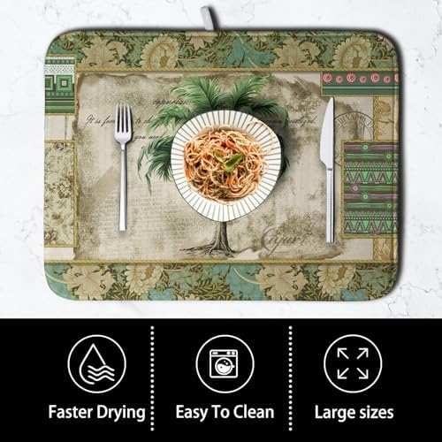 Palm Tree Kitchen Dish Drying Mat for Dishes 18x24 Inch Summer Vintage Tropical Leaves Green Jungle Plant Drying Mat Botanical Dish Drainer Mat Super Absorbent Dish Rack Pad for Coffee Bar Sinks - Image 4