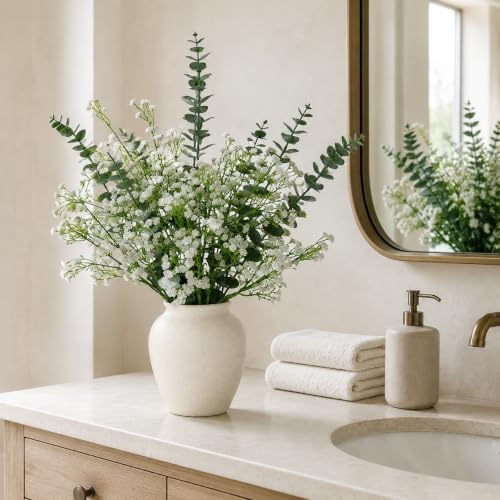 White Babys Breath Artificial Flowers with Fake Eucalyptus Leaves, 18Pcs - Image 4