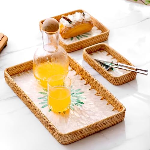 i-lan Set of 3 15" Rectangular Rattan and Mother of Pearl Serving Tray, Green Leaf Pattern Decorative,Boho Rectangule Natural Rattan Woven Trays for Entryway Kitchen Bathroom Counter - Image 2