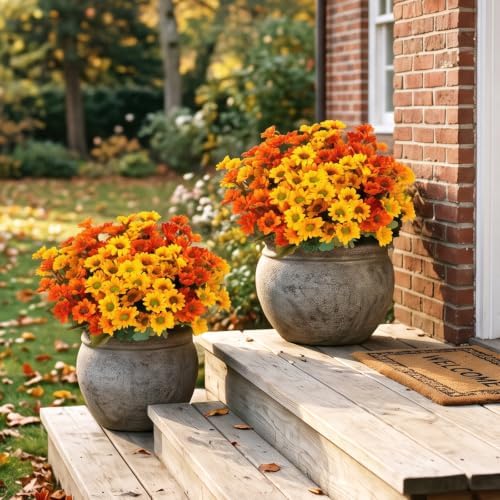 CEWOR 12 Bundles Fall Artificial Flowers for Outdoor Indoor, Fake Silk Daisy with Leaves, Autumn Faux Flower for Garden Patio Home Decor (4 Multicolor) - Image 7