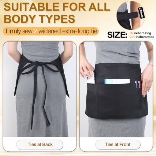 mwellewm 15 Packs Server Apron with 3 Pockets, Black Serving Half Waitress Apron for Women and Men, Widened and Extended Waist Strap Reinforced Seams Water and Stain Resistant for Book Phone - Image 4
