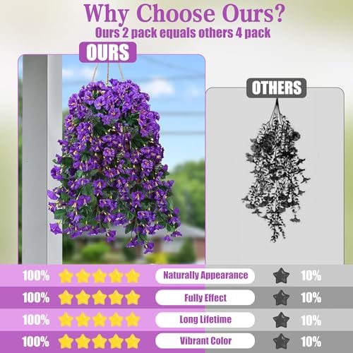 Sggvecsy Artificial Fake Hanging Flowers Plants for Outdoor Outside Spring Summer Decoration 4PCS Faux Silk UV Resistant Realistic Morning Glory Trailing Vines for Home Porch Patio Balcony(Purple) - Image 4