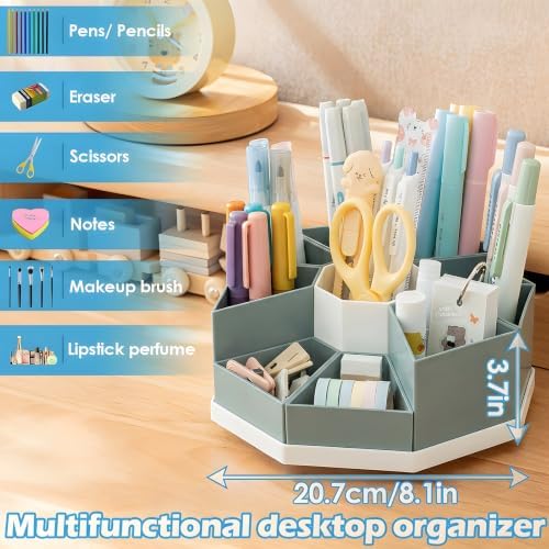 360 Degree Rotating Desk Organizer Caddy with 9 Compartments, Large Capacity Detachable Pencil Holder for Desk, Desktop Storage for Office, School, Home, Dressing Table (Sage Green with White Base) - Image 3