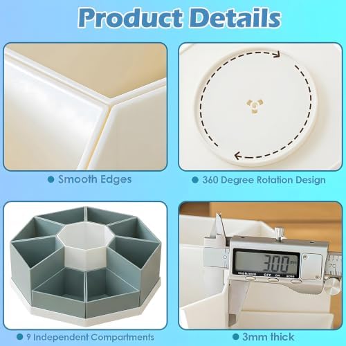 360 Degree Rotating Desk Organizer Caddy with 9 Compartments, Large Capacity Detachable Pencil Holder for Desk, Desktop Storage for Office, School, Home, Dressing Table (Sage Green with White Base) - Image 6
