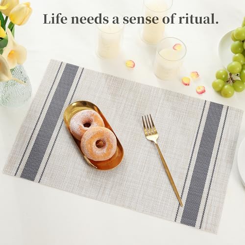 Leetaltree Khaki-Blue Placemats, Heat Resistant Non-Slip Place mats for Dining Table, Washable Durable PVC Vinyl Woven Table Mats (Set of 6) - Image 6