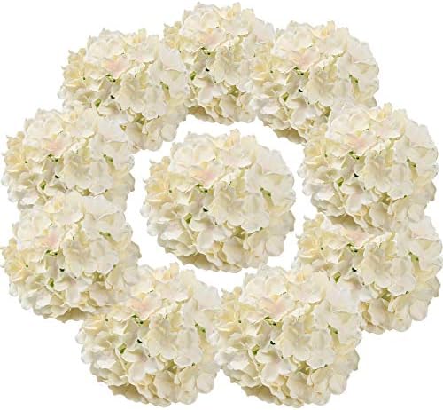 Silk Hydrangea Heads Artificial Flowers Heads with Stems for Home Wedding Decor,Pack of 10 (Champagne) by Flojery