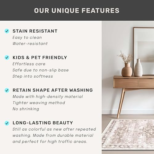 Hazo Haus Washable Neutral Farmhouse Living Room Rug, 4x6 Area Rugs for Bedroom, Nursery Room, Boho Vintage Floral Non-Slip Rug Low Pile Stain Resistant (4x6 Beige/Latte) - Image 5