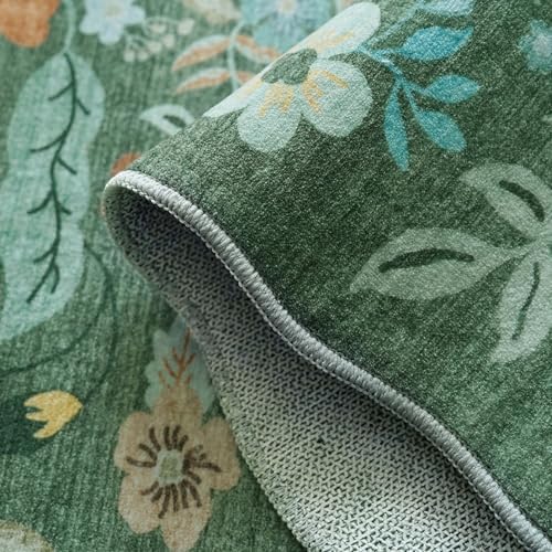 Floral Square Area Rug for Family: Washable 5x5 Scalloped Carpet for Living Room Bedroom Soft Water Resistant Floor Mat with Non Slip Backing for Kitchen Nursery Farmhouse Home Decor(5x5,Floral/Green) - Image 3