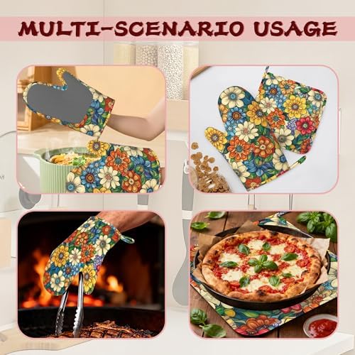 Flower Heat-Resistant Silicone Oven Mitts and Pot Holders,Cute Mandala Floral Long Oven Gloves with Non-Slip Grip for Cooking, Baking, Grilling,BBQ - Image 6
