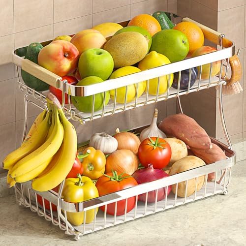 Sevenblue 2-Tier Fruit Basket with Banana Hangers, Detachable Metal Bowl by Sevenblue
