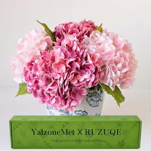YalzoneMet 4 Pcs Real Touch Hydrangea Artificial Flower Lifelike 21'' Long Stem Latex Hydrangea Flower for Thanksgiving Home Kitchen Decor Wedding Christmas Table Centerpiece 2 Pink + 2 Rose Pink by YalzoneMet