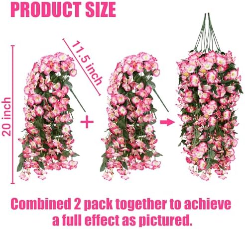 Sggvecsy Artificial Fake Hanging Flowers Plants for Outdoor Outside Spring Summer Decoration 2PCS Faux Silk UV Resistant Realistic Morning Glory Trailing Vines for Home Porch Patio Balcony(Pink) - Image 2