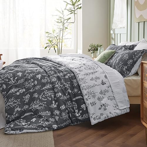 Bedsure Floral Comforter Set Cute Bedding Set California King Dark Grey - Image 4
