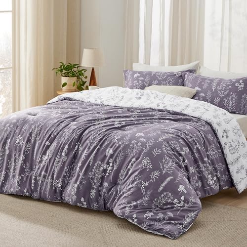 Bedsure Floral Comforter Set Cute Bedding Full Reversible Grayish Purple - Image 2