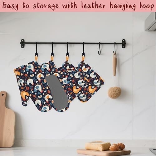 Cute Roosters Hens Chicks Heat-Resistant Silicone Oven Mitts and Pot Holders,Flower Field Long Oven Gloves with Non-Slip Grip for Cooking, Baking, Grilling,BBQ - Image 5