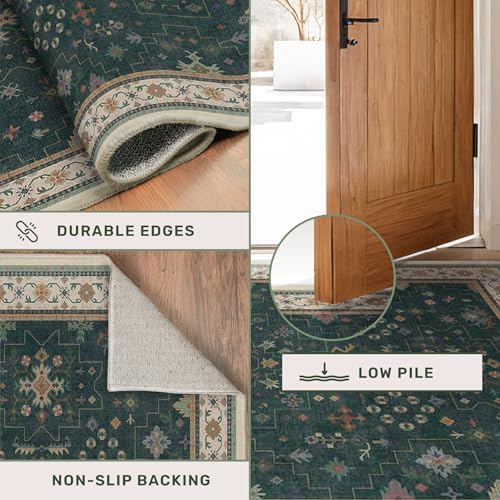 Dark Green Oushak 3x5 Large Entryway Rug - Modern Vintage Boho Eclectic Floral Pastel, Washable Low Pile Non-Slip Area Rugs for Door Mat Indoor Entrance, Kitchen, Bedroom Beside Bed, Laundry - Image 5