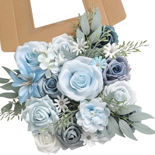 Blue Artificial Flowers Silk Fake Roses Peonies Greenery Combo Box Set for DIY Wedding Bouquets Bridal Shower Centerpieces Floral Arrangements Party Tables Home Decoration by RUIDKUN