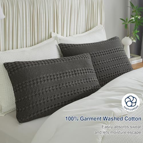 PHF 100% Cotton Waffle Pillow Shams Queen Size, 2 Pack 20" x 30" Soft Skin-Friendly Pillowcases, No Filling, Aesthetic Woven and Breathable Waffle Weave Pillow Case Covers for Bed, Charcoal Grey - Image 2
