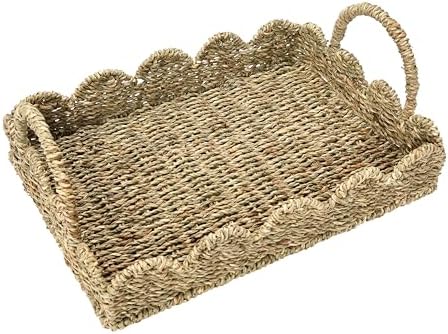 Household Essentials Seagrass Decorative Tray with Scalloped Edge, Handwoven Natural Wicker Organizer Basket with Handles & Iron Frame for Coffee Tables, Bathrooms & Countertops - Image 5