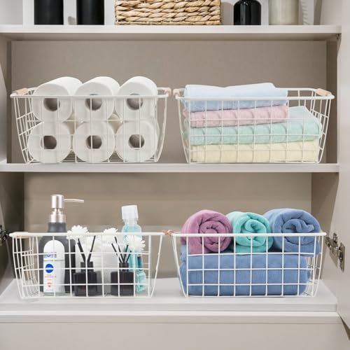 Wire Basket 4 Pcs Metal Wire Storage Basket with Wooden Handles for Pantry - Image 4