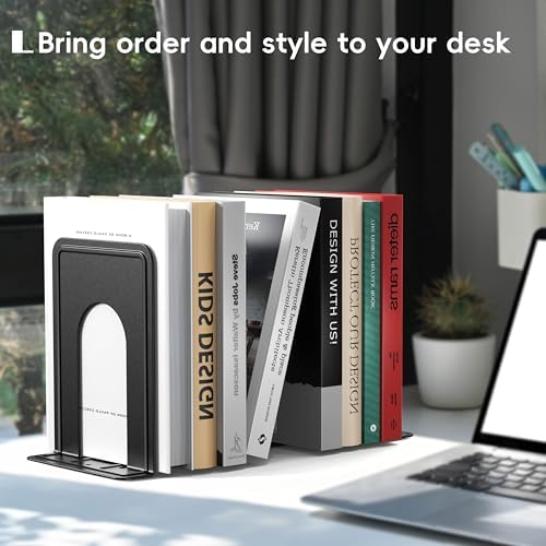 Optomni Bookends, Book End Supports Heavy Duty Metal Bookend Support, Book Ends Supports for Shelves Decor Home Office School (2 Pairs/4 Pieces, Black) - Image 3
