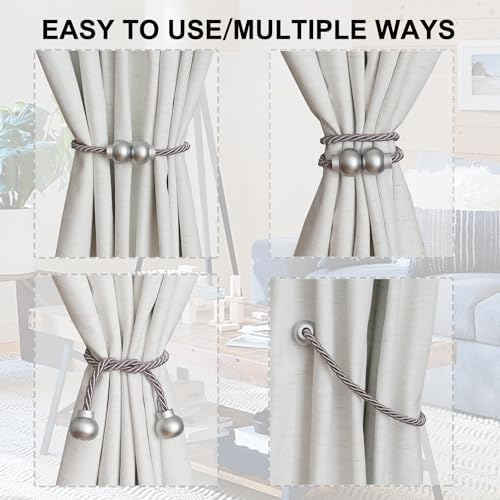 4Pcs Magnetic Curtain Tiebacks Modern Handmade Rope Curtain Tie Backs Grey - Image 4