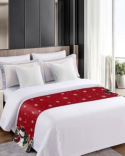Red Snowman Christmas Bed Runners for Cal King Size Bed, Xmas Tree Decorative Bed Throws for Foot of Bed, Winter Snowflake Bed Runner Sofa Throw Bedding Scarf Protector Slipcover for Bedroom/Hotel - Image 4